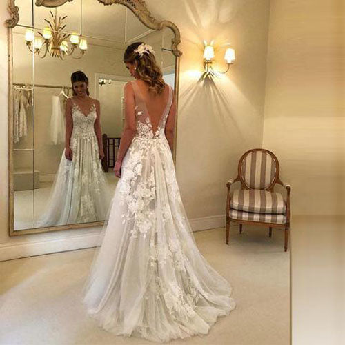 Gorgeous A-line Lace V-neck Tulle Long Wedding Dress with Appliques,MW289 Gorgeous A-line Lace V-neck Tulle Long Wedding Dress with Appliques,MW289