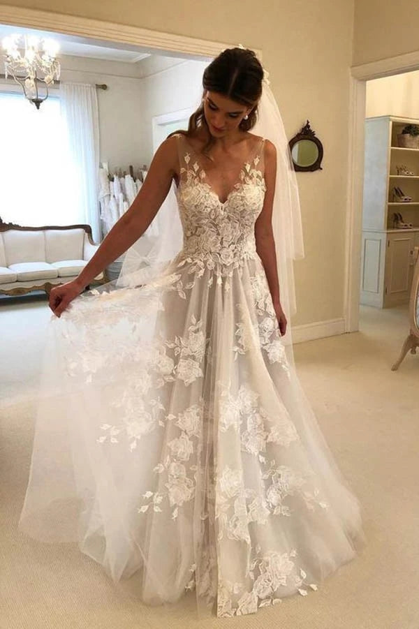 Gorgeous A-line Lace V-neck Tulle Long Wedding Dress with Appliques,MW –  Musebridals