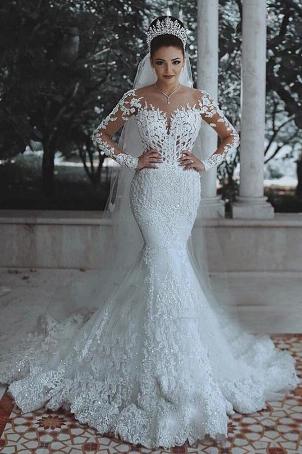 Cheap Long Sleeve Lace Wedding Dress Mermaid Bridal Gowns,MW291