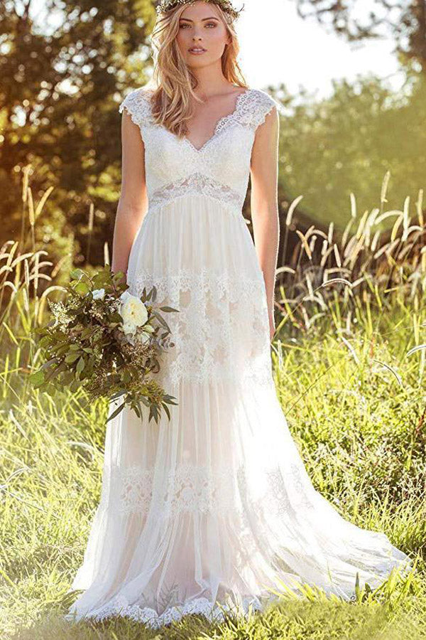 Simple A-Line V-Neck Bohemian Lace Bridal Gown Beach Wedding Dresses,MW293|musebridals.com