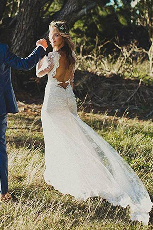 Long Sleeve Lace V-Neck Ivory Vintage Beach Wedding Dresses,MW299 Long Sleeve Lace V-Neck Ivory Vintage Beach Wedding Dresses,MW299
