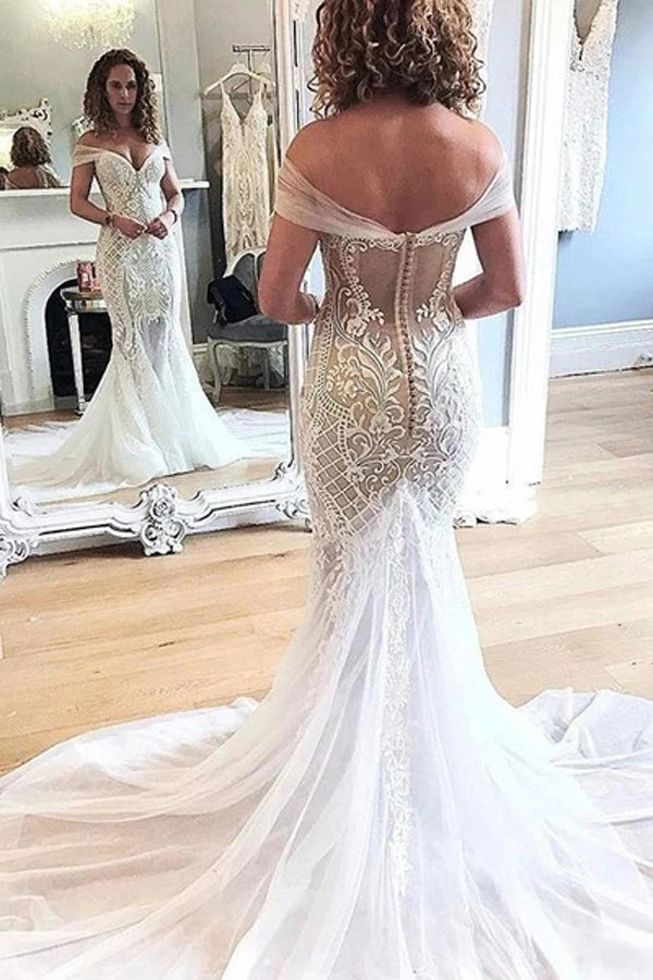 Lace Applique Retro Off the Shoulder Vintage Mermaid Wedding Dress,MW304 Lace Applique Retro Off the Shoulder Vintage Mermaid Wedding Dress,MW304
