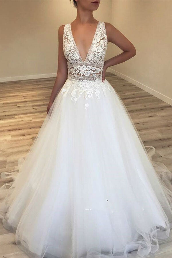 Deep V-Neck Tulle Bridal Gowns Lace Appliques Sleeveless Wedding Dresses,  MW305