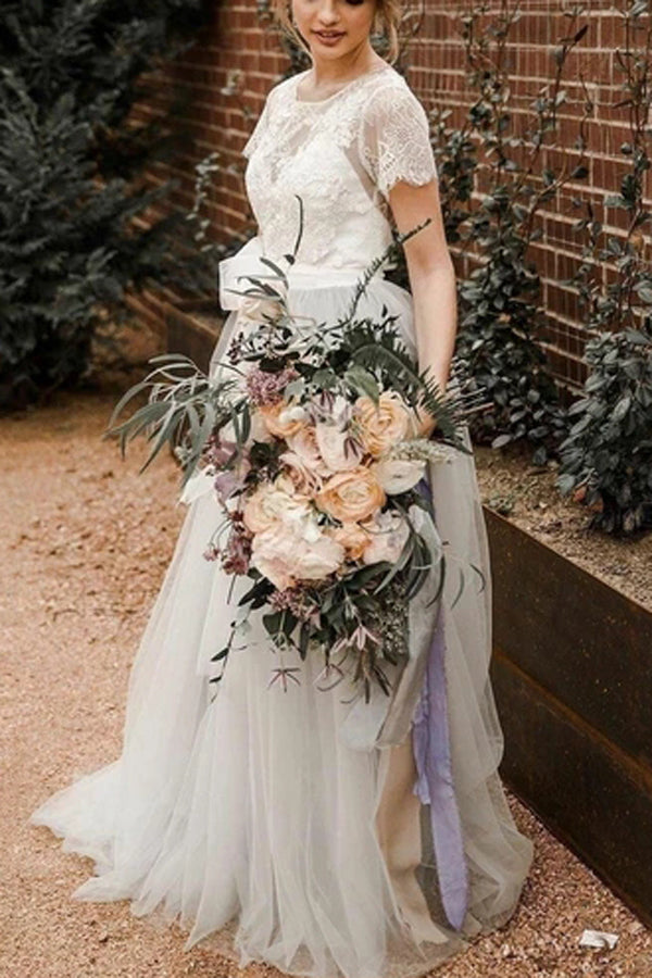 Short Sleeve Lace and Tulle Silver Country Wedding Dresses with Sash, MW308 Musebridals Short Sleeve Lace and Tulle Silver Country Wedding Dresses with Sash, MW308 Musebridals