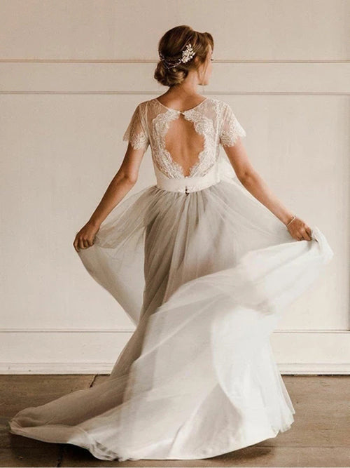 Short Sleeve Lace and Tulle Silver Country Wedding Dresses with Sash, MW308 Short Sleeve Lace and Tulle Silver Country Wedding Dresses with Sash, MW308