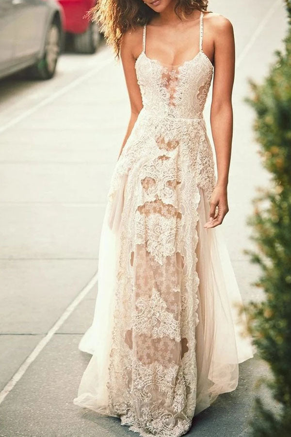Cheap Spaghetti Straps Tulle Beach Wedding Dress, Lace Appliques Brida –  Musebridals