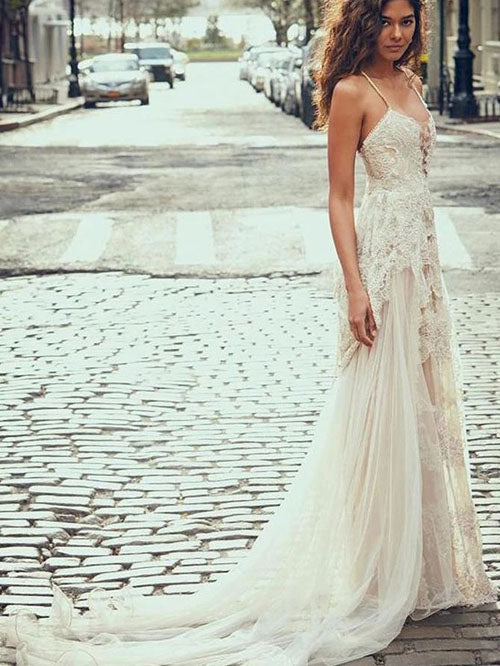 Cheap Spaghetti Straps Tulle Beach Wedding Dress, Lace Appliques Brida –  Musebridals