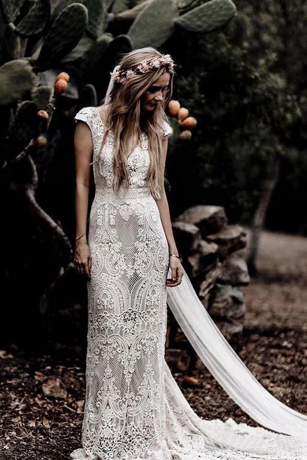 Cap Sleeve Sheath Boho Wedding Dresses Vintage Lace Rustic Wedding Dre –  Musebridals