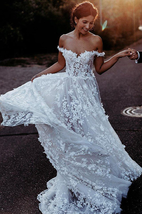 Off Shoulder Dresses Rustic Boho Wedding Dress, – Musebridals