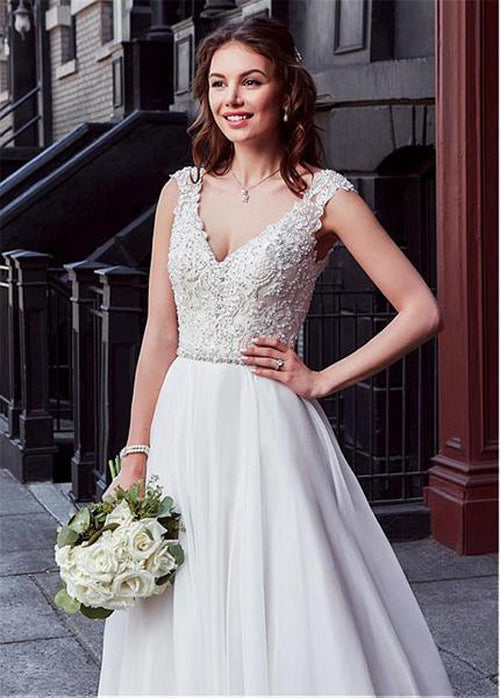 Charming Tulle V-neck A-line Wedding Dress With Beaded Lace  Appliquess,MW318  Musebridals