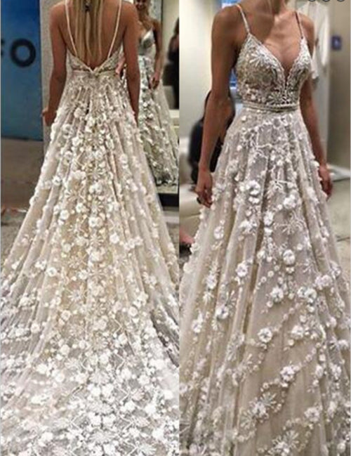 Spaghetti Straps Court Train Backless Wedding Dress With Beading,MW319 –  Musebridals