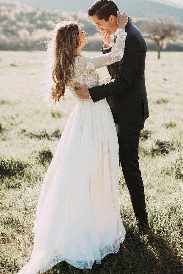 Chiffon A-Line Bateau Long Sleeves Wedding Dress with Appliques,MW320 Musebridals Chiffon A-Line Bateau Long Sleeves Wedding Dress with Appliques,MW320 Musebridals