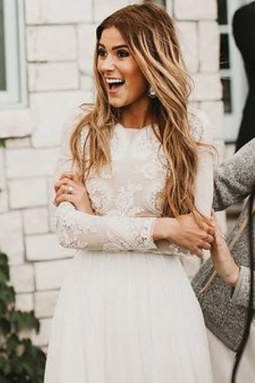 fitted lace wedding dress Bateau Illusion Long Sleeve Appliqued A-Line Chiffon Wedding Dress Champagne / 8 main image 1