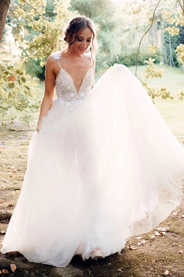 Simple Lace Top Spaghetti Straps A-Line Sweep Train Long Wedding Dresses,MW324 Simple Lace Top Spaghetti Straps A-Line Sweep Train Long Wedding Dresses,MW324