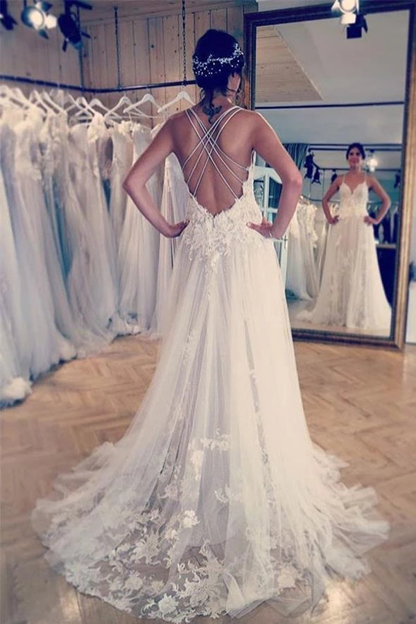 Spaghetti Straps Ivory Wedding Dresses Appliques Cross Back Wedding Gowns,MW327 Spaghetti Straps Ivory Wedding Dresses Appliques Cross Back Wedding Gowns,MW327
