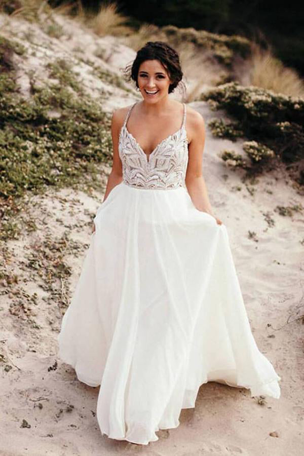 Spaghetti Strap Beaded Wedding Dress Ivory Chiffon Rustic Wedding Dress,MW328 Spaghetti Strap Beaded Wedding Dress Ivory Chiffon Rustic Wedding Dress,MW328