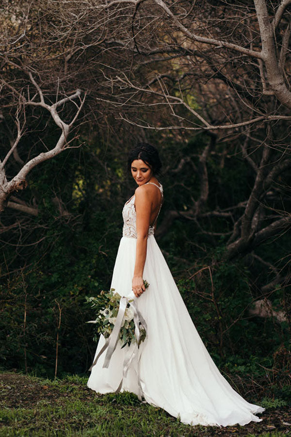 Spaghetti Strap Beaded Wedding Dress Ivory Chiffon Rustic Wedding Dress,MW328