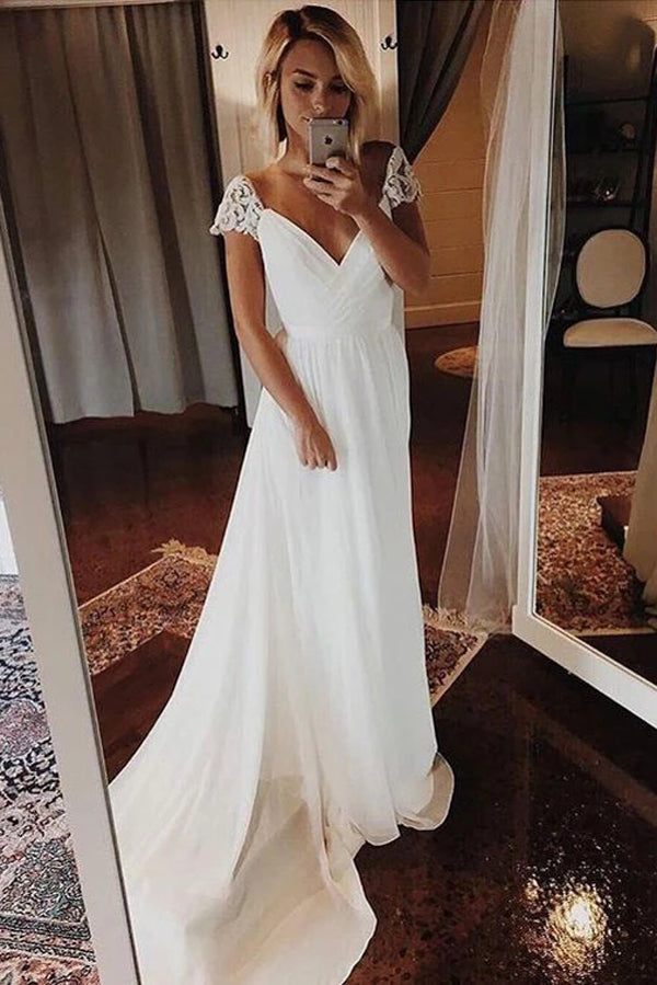 Simple A-line Chiffon Wedding Dresses Cap Sleeve V-neck Bohemian Beach Bridal Gowns,MW335
