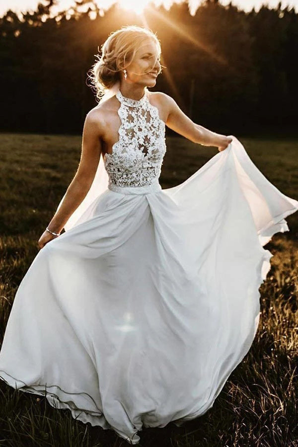 Chiffon A-Line Halter Sleeveless Long Beach Wedding Dress with Lace,MW –  Musebridals