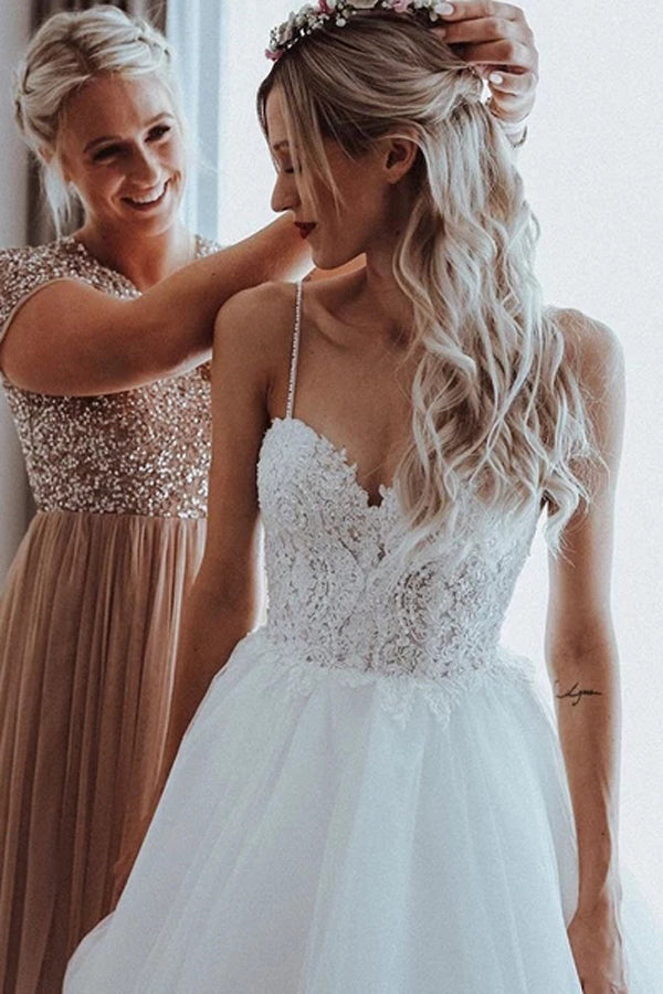 Spaghetti Straps Shining Tulle Beaded Appliqued A-line Wedding Dresses,MW338 Spaghetti Straps Shining Tulle Beaded Appliqued A-line Wedding Dresses,MW338