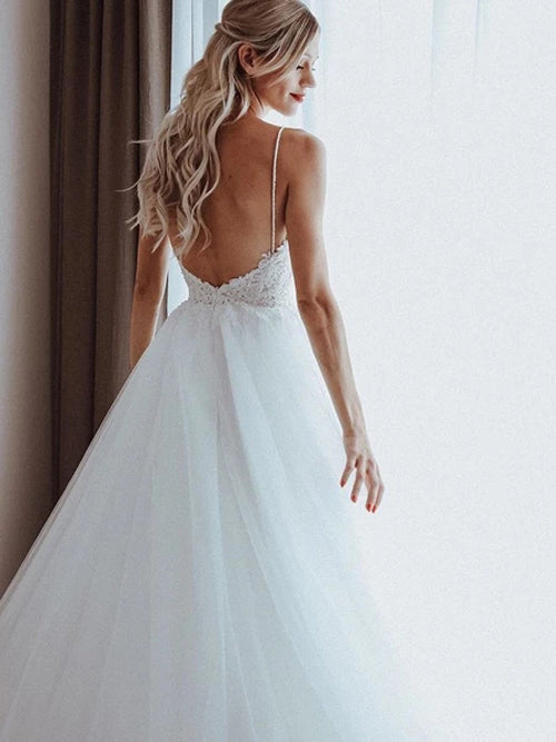 Spaghetti Straps Shining Tulle Beaded Appliqued A-line