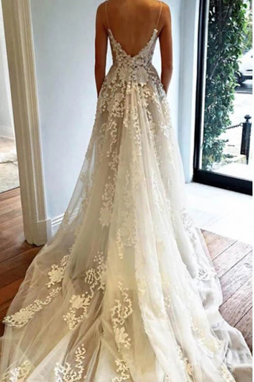 Spaghetti Straps Beach Wedding Dress, Boho Bridal Gown with Appliques –  Musebridals