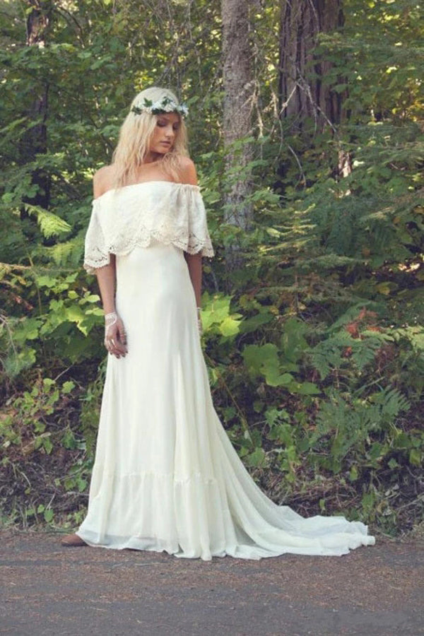 A-line Off the Shoulder Bohemian Lace Chiffon Ivory Summer Beach Wedding  Dresses,MW344  Musebridals