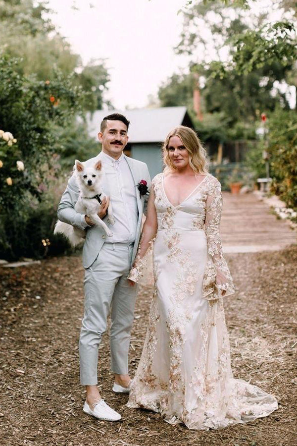 Mermaid Wedding Dress with Chapel Train and Sleeves Embroidery Wedding Gown,MW347 Mermaid Wedding Dress with Chapel Train and Sleeves Embroidery Wedding Gown,MW347