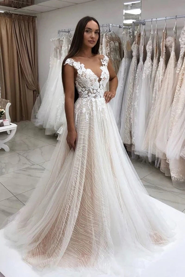 Lace Sparkly Sequins Tulle A-Line Wedding Dress with Floral Appliques Wedding Gown,MW357 Lace Sparkly Sequins Tulle A-Line Wedding Dress with Floral Appliques Wedding Gown,MW357