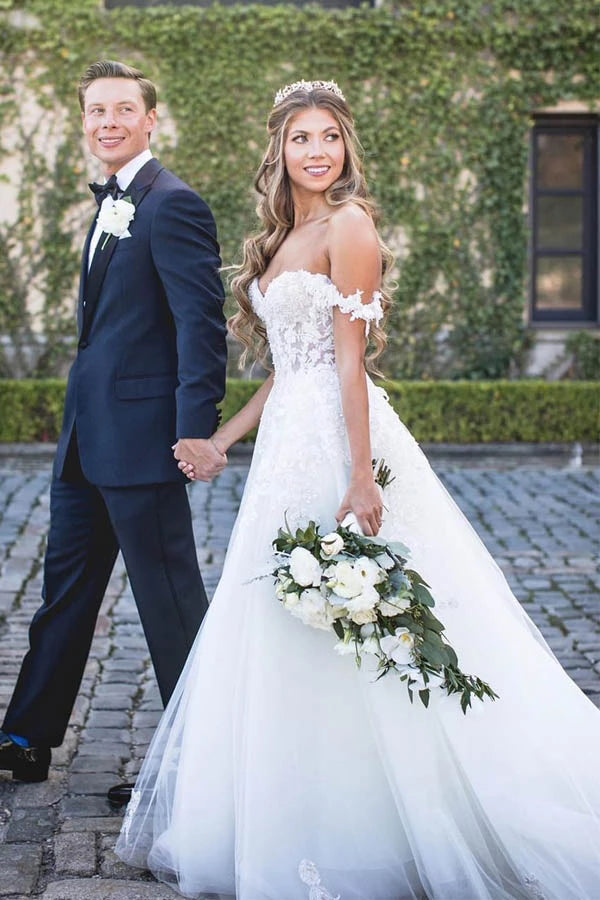 princess wedding dress off the shoulder F221013 Princess Tulle Ball Gown with Off-the Shoulder Straps and Sparkle Bodice