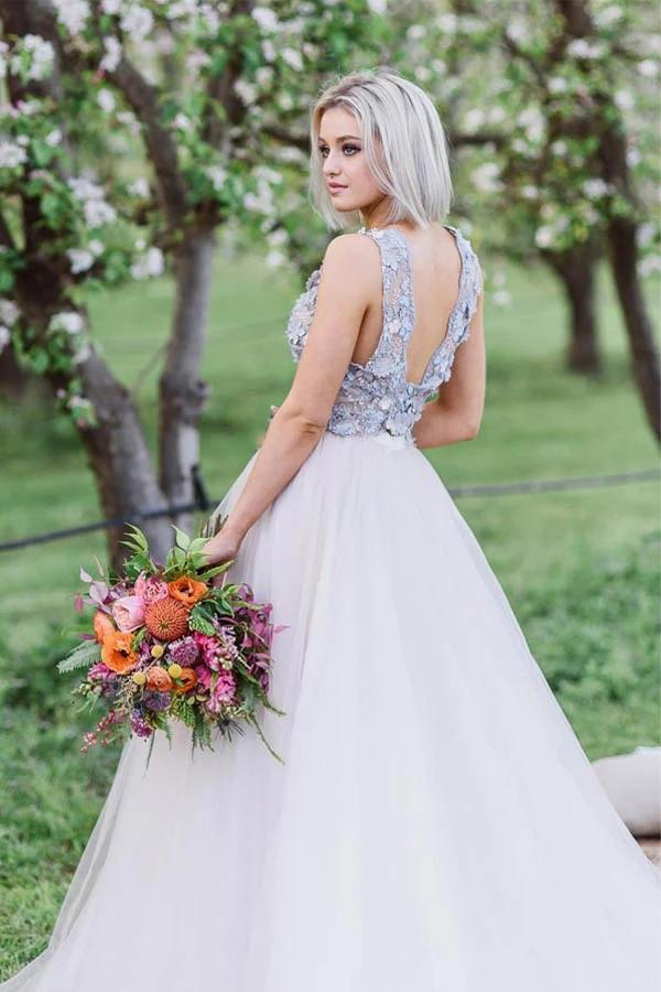Layered Plunging Neck V-Back Long Wedding Dress with Colored Appliques,MW364