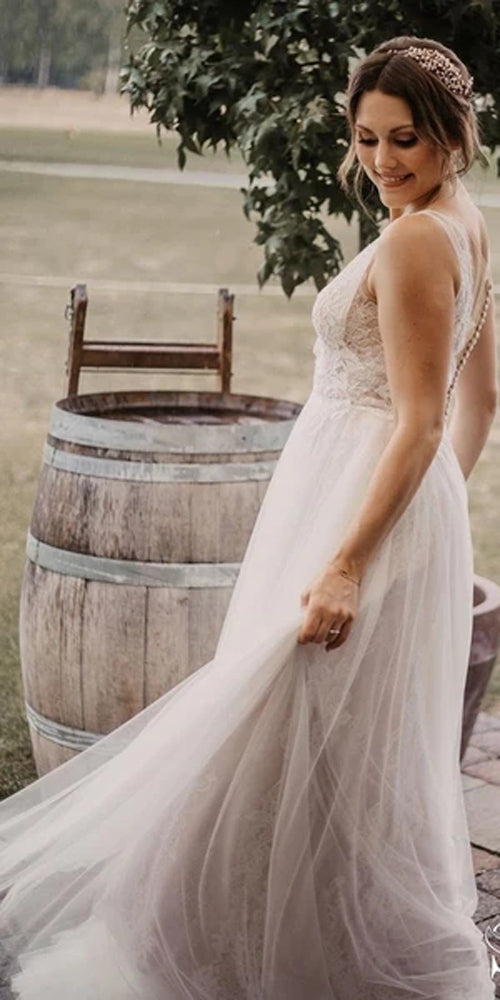 Graceful Ivory Beaded Deep V Illusion A-Line Wedding Gown Lace Wedding   Musebridals