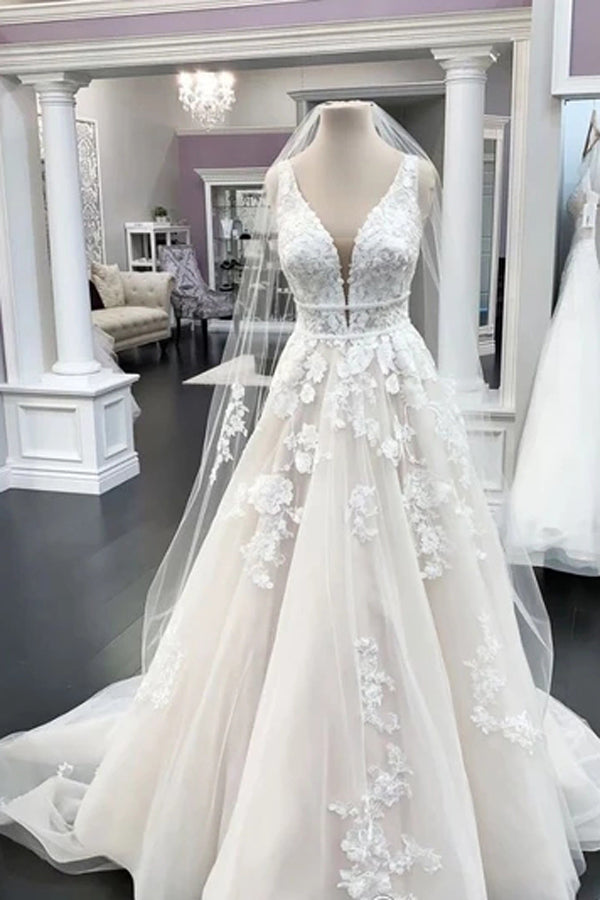 Deep V-neck Illusion Appliqued Wedding Gown Ivory Organze Lace Wedding Dress,MW367 Deep V-neck Illusion Appliqued Wedding Gown Ivory Organze Lace Wedding Dress,MW367
