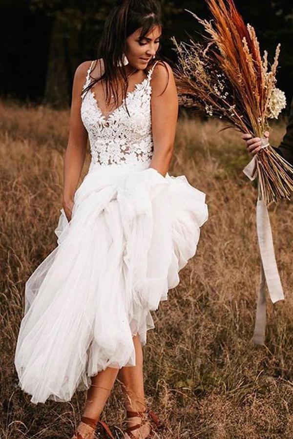 Gorgeous Lace Bodice V neck Bridal Dresses White Backless A line Wedding Dresses MW370
