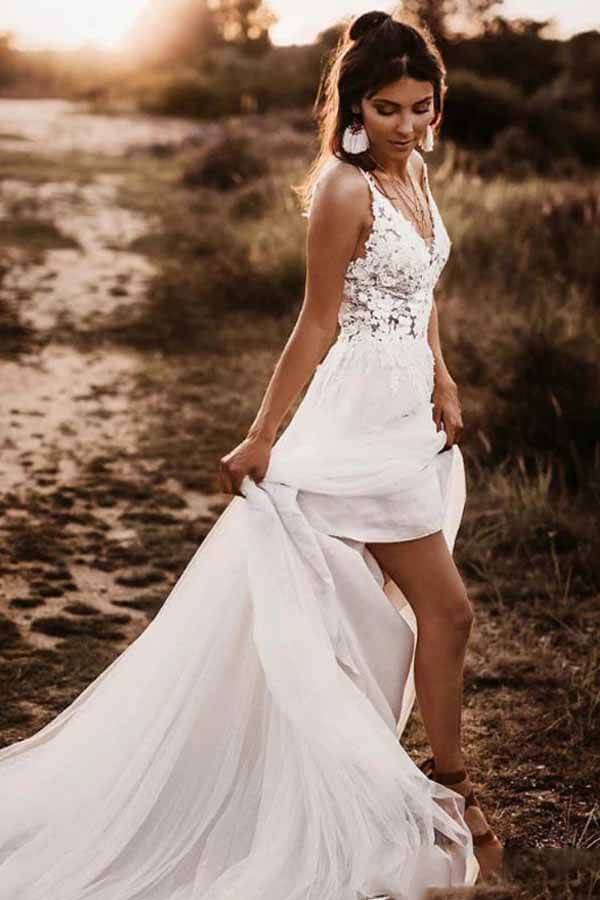 Gorgeous Lace Bodice V-neck Bridal Dresses White Backless A-line Wedding  Dresses,MW370