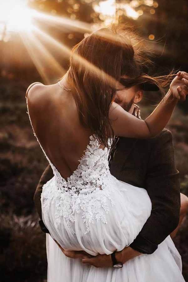 Gorgeous Lace Bodice V-neck Bridal Dresses White Backless A-line Weddi –  Musebridals