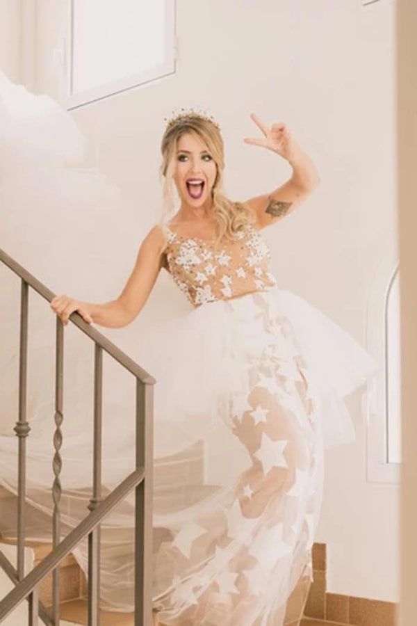 chinese dress ladies Sparkly Prom Dresses with Straps Star Lace Tea-length Prom Dress Fashi –  Anna PromDress main image 0