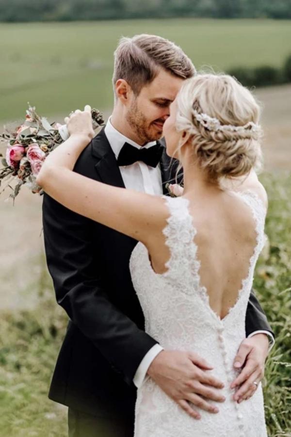 Graceful Lace Wedding Dress With Covered Buttons Mermaid Bridal Dress, Musebridals Graceful Lace Wedding Dress With Covered Buttons Mermaid Bridal Dress, Musebridals