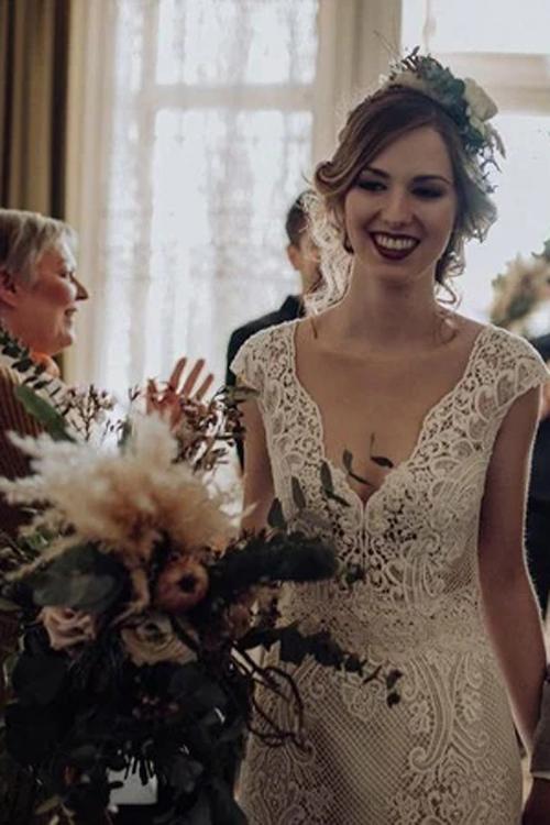 Lace Wedding Dress with Little Cap Sleeves Vintage Lace Pattern Bridal  Dress,MW384