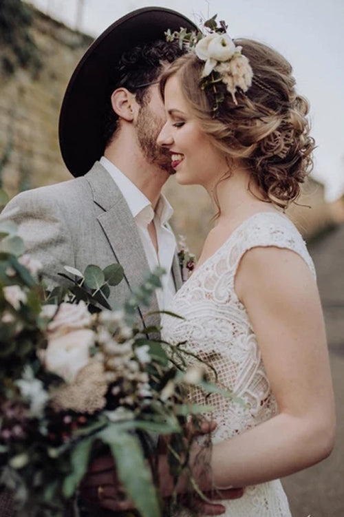 Lace Wedding Dress with Little Cap Sleeves Vintage Lace Pattern Bridal  Dress,MW384
