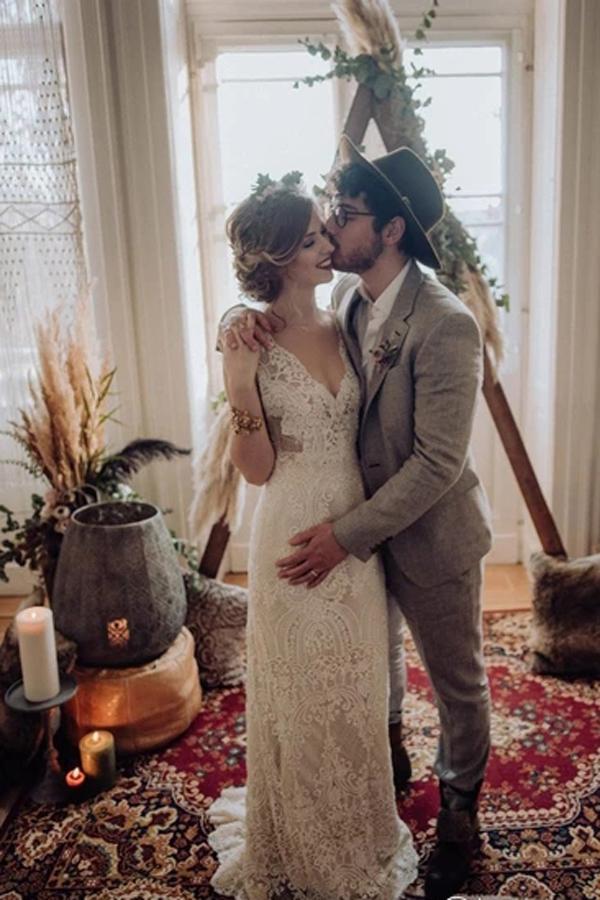 Lace Wedding Dress with Little Cap Sleeves Vintage Lace Pattern Bridal  Dress,MW384