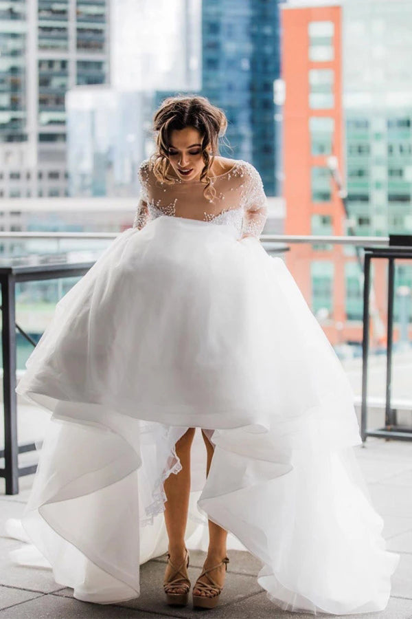 princess wedding dress sleeves A-Line Scoop Long Sleeve Pearl Princess Wedding Dress With Backless,MW – Musebridals