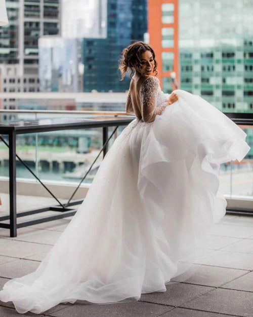 A-Line Scoop Long Sleeve Pearl Princess Wedding Dress With Backless,MW Musebridals A-Line Scoop Long Sleeve Pearl Princess Wedding Dress With Backless,MW Musebridals