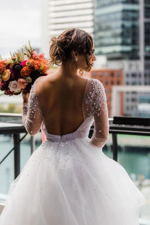 A-Line Scoop Long Sleeve Pearl Princess Wedding Dress With Backless,MW389 A-Line Scoop Long Sleeve Pearl Princess Wedding Dress With Backless,MW389