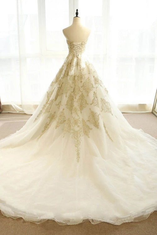 Ivory Gold Appliques Wedding Dresses Sweep/Brush Train Bridal Gown,MW3 Musebridals Ivory Gold Appliques Wedding Dresses Sweep/Brush Train Bridal Gown,MW3 Musebridals
