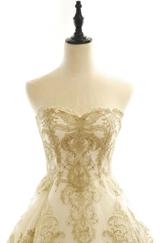 Ivory Gold Appliques Wedding Dresses Sweep/Brush Train Bridal Gown,MW3 Musebridals Ivory Gold Appliques Wedding Dresses Sweep/Brush Train Bridal Gown,MW3 Musebridals