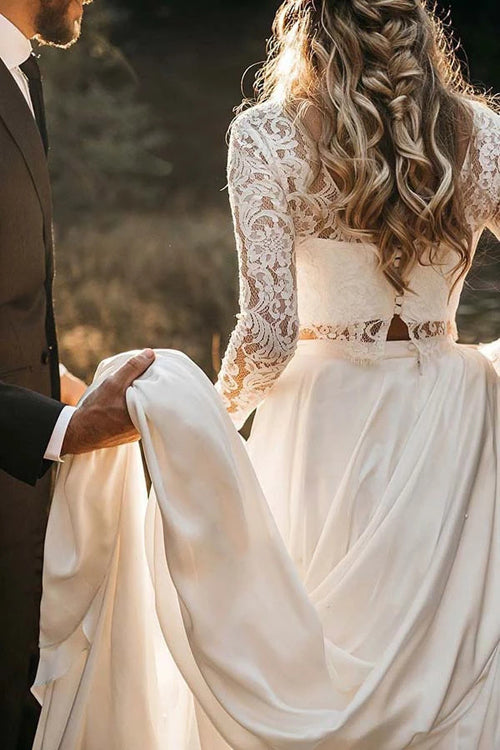 Two Piece Round Neck Lace White Chiffon Wedding Dress With Long Sleeve Musebridals Two Piece Round Neck Lace White Chiffon Wedding Dress With Long Sleeve Musebridals