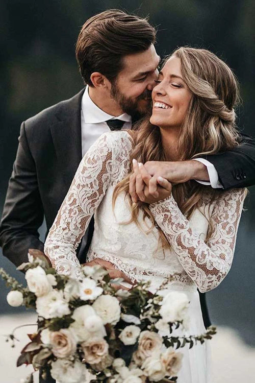 Two Piece Round Neck Lace White Chiffon Wedding Dress With Long Sleeve –  Musebridals