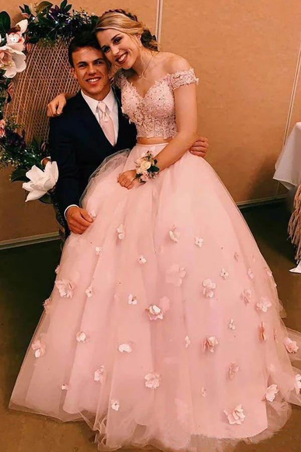 Two Piece V neck Bridal Dresses 3D Flowers Appliqued Wedding Gowns MW3 Musebridals