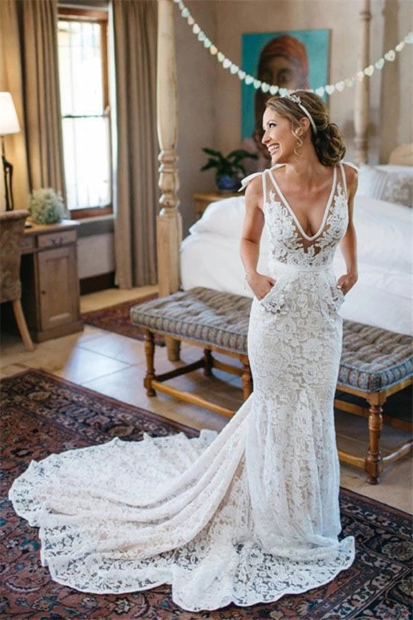 V-neck Sleeveless Mermaid Backless Lace Pocket Wedding Dress With Court Train,MW398 V-neck Sleeveless Mermaid Backless Lace Pocket Wedding Dress With Court Train,MW398